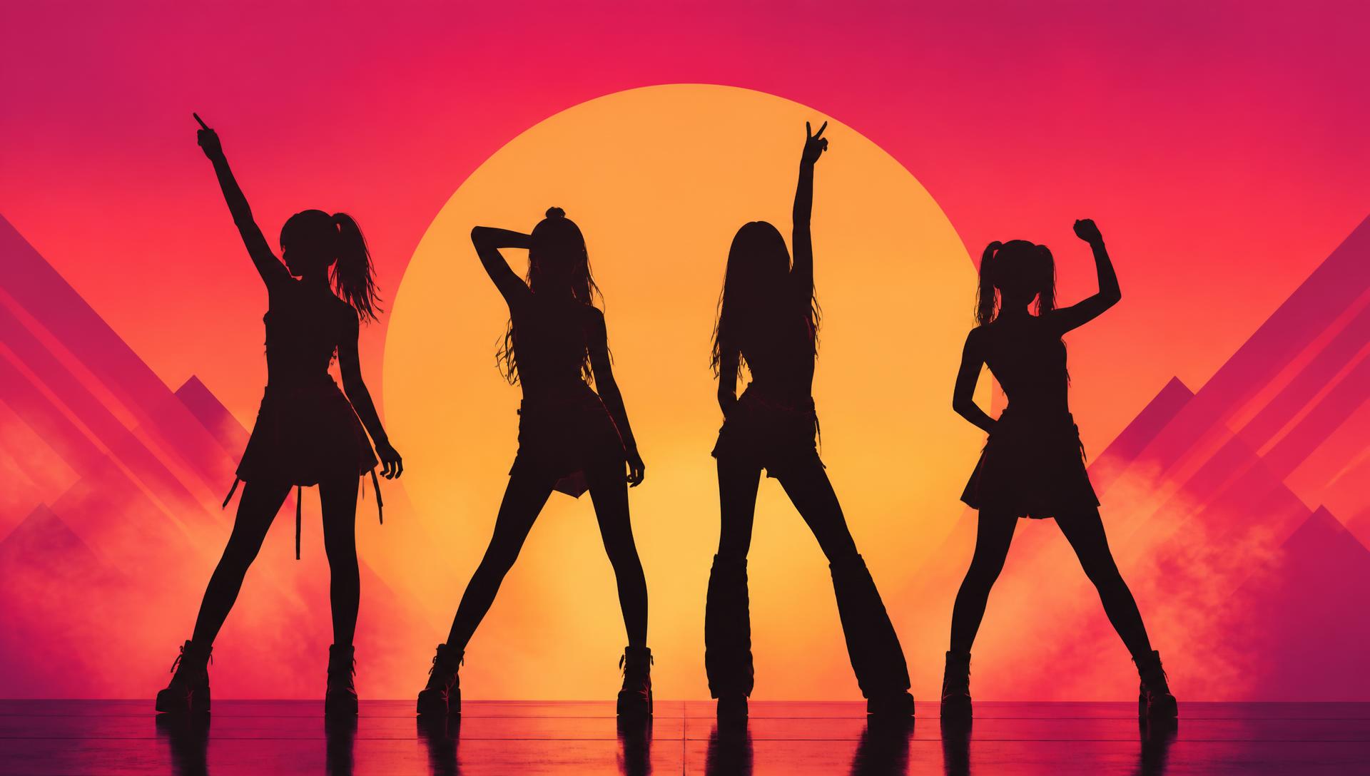 Silhouettes of four young SUNRISE girl group members dancing against a sunrise sky